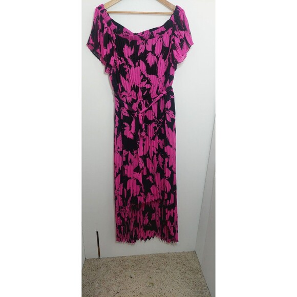 Joseph Ribkoff Women's Size 18 Plus Dress Black Pink Chiffon Off Shoulder Hi Lo - Picture 7 of 16